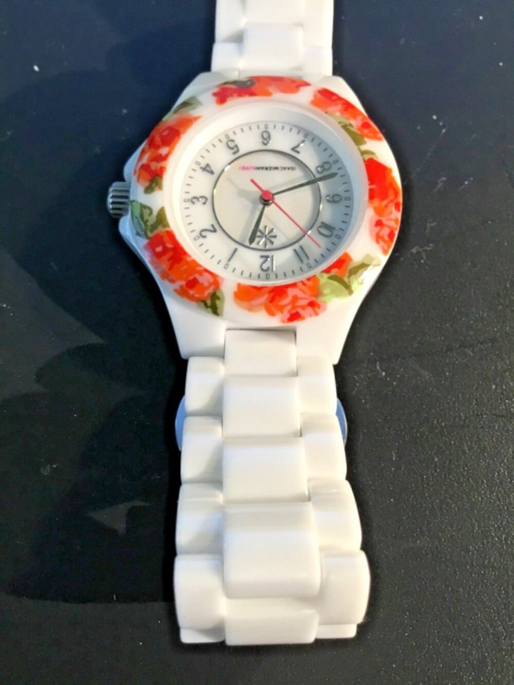 Isaac Mizrahi watch orange/red ceramic links floral bezel silvertone new battery - Picture 5 of 10